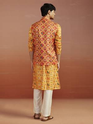 red patola print nehru jacket with yellow silk kurta & cream pyjama | vibrant 3-piece festive set 5