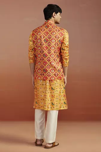 red patola print nehru jacket with yellow silk kurta & cream pyjama | vibrant 3-piece festive set