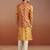 red patola print nehru jacket with yellow silk kurta & cream pyjama | vibrant 3-piece festive set