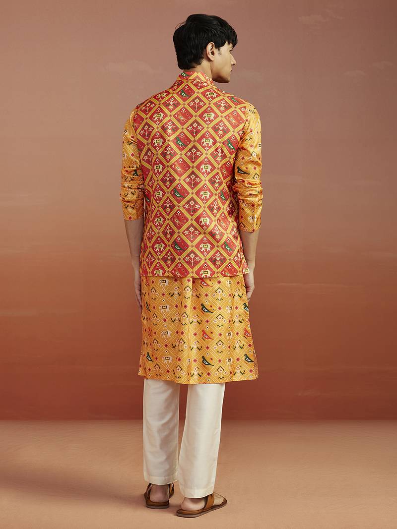 red patola print nehru jacket with yellow silk kurta & cream pyjama | vibrant 3-piece festive set
