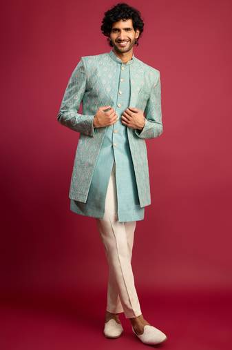 mint green embroidered silk blend indo-western with cream pant style pyjama | wedding party wear