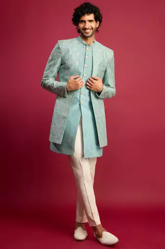 mint green embroidered silk blend indo-western with cream pant style pyjama | wedding party wear