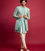 mint green embroidered silk blend indo-western with cream pant style pyjama | wedding party wear