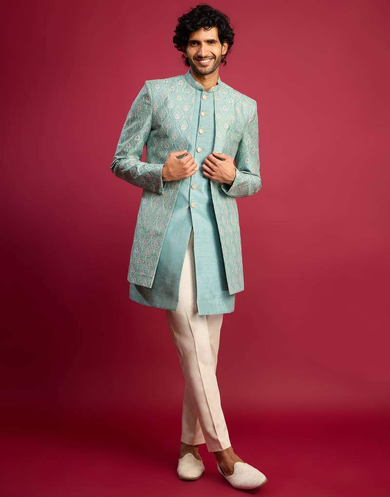 mint green embroidered silk blend indo-western with cream pant style pyjama | wedding party wear