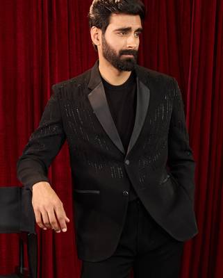 black cutdana work geometric notch collar wedding blazer | lachka mink suiting | satin lining 1