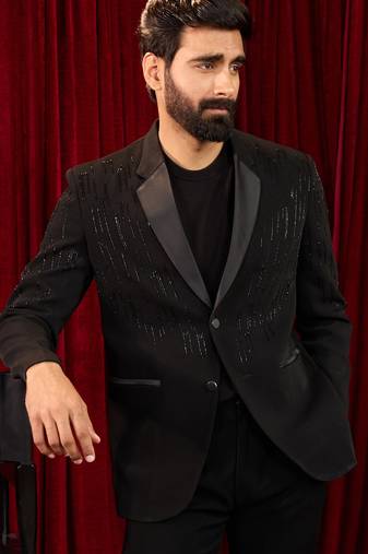 black cutdana work geometric notch collar wedding blazer | lachka mink suiting | satin lining