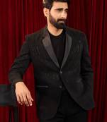 black cutdana work geometric notch collar wedding blazer | lachka mink suiting | satin lining