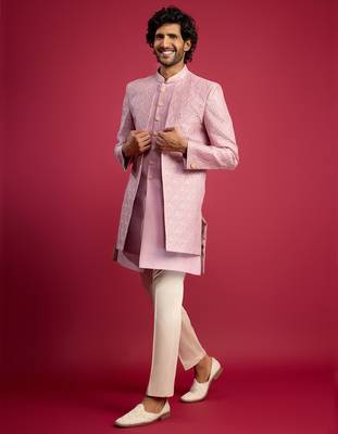 purple embroidered silk blend indo-western with cream pant style pyjama | wedding party wear 1
