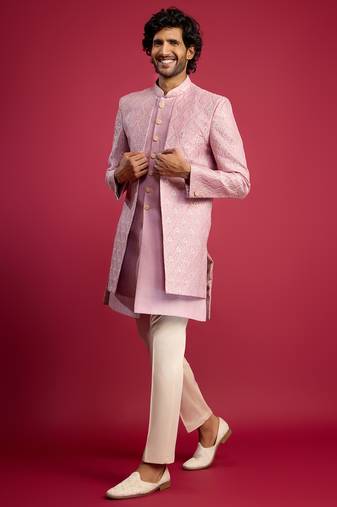 purple embroidered silk blend indo-western with cream pant style pyjama | wedding party wear