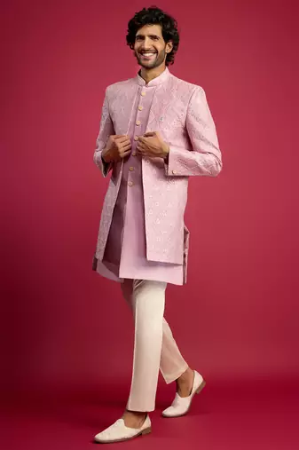 purple embroidered silk blend indo-western with cream pant style pyjama | wedding party wear