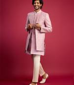 purple embroidered silk blend indo-western with cream pant style pyjama | wedding party wear