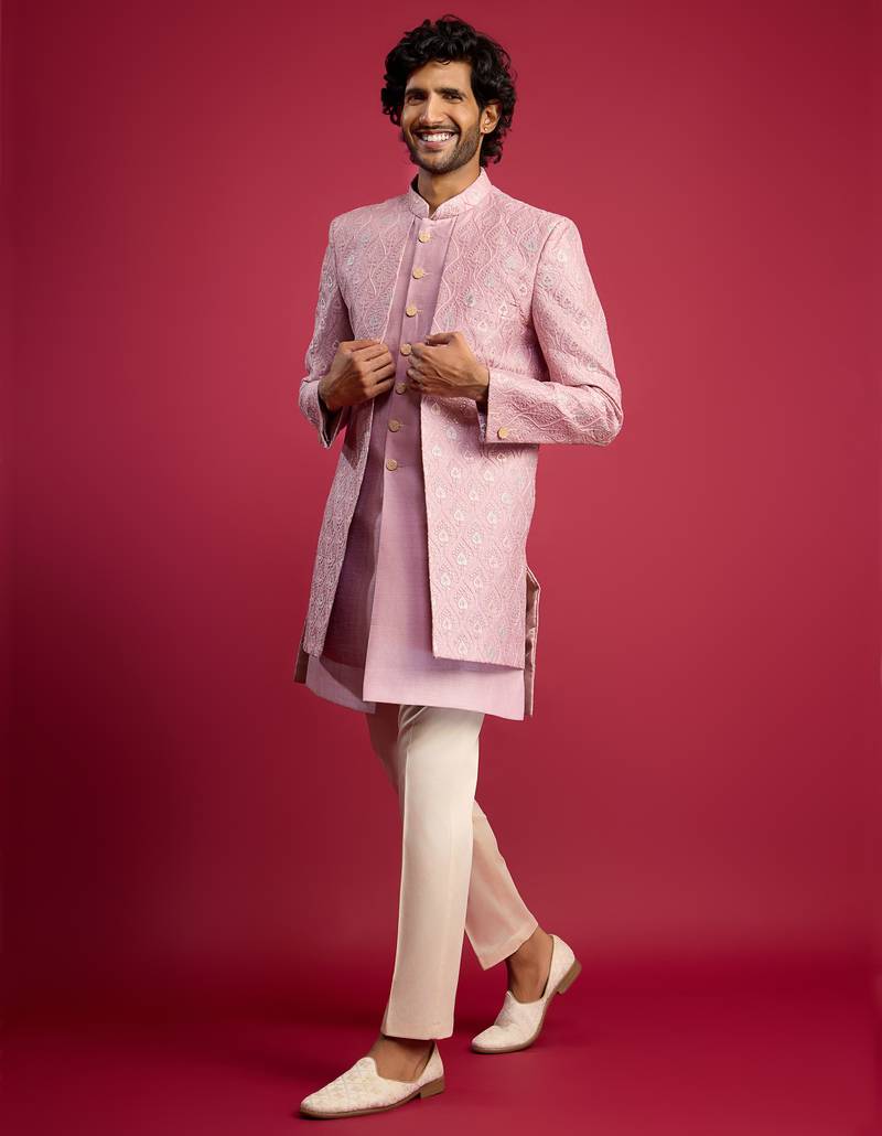 purple embroidered silk blend indo-western with cream pant style pyjama | wedding party wear