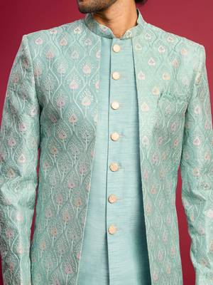 mint green embroidered silk blend indo-western with cream pant style pyjama | wedding party wear 2