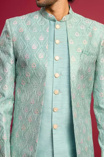 mint green embroidered silk blend indo-western with cream pant style pyjama | wedding party wear