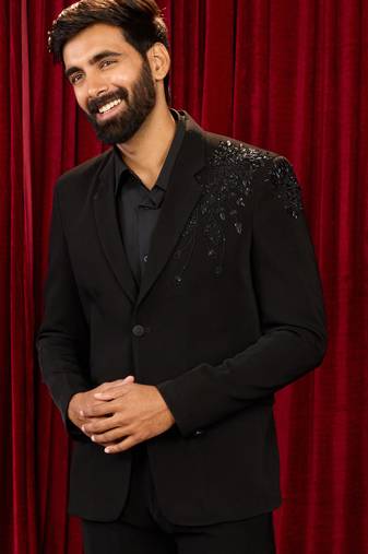 black cutdana bead work floral ethnic notch collar wedding blazer | lachka mink suiting | satin lining