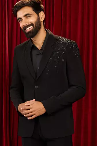 black cutdana bead work floral ethnic notch collar wedding blazer | lachka mink suiting | satin lining