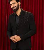 black cutdana bead work floral ethnic notch collar wedding blazer | lachka mink suiting | satin lining