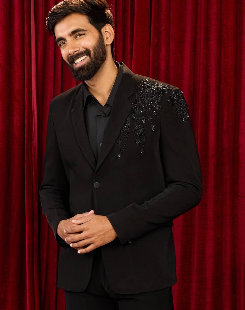 black cutdana bead work floral ethnic notch collar wedding blazer | lachka mink suiting | satin lining