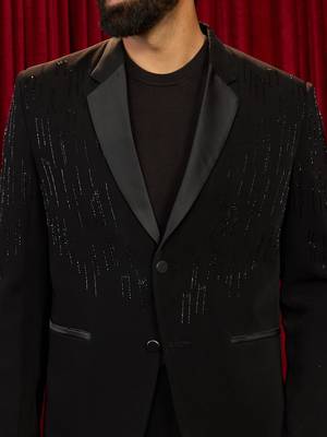 black cutdana work geometric notch collar wedding blazer | lachka mink suiting | satin lining 2