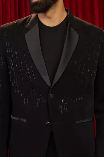 black cutdana work geometric notch collar wedding blazer | lachka mink suiting | satin lining