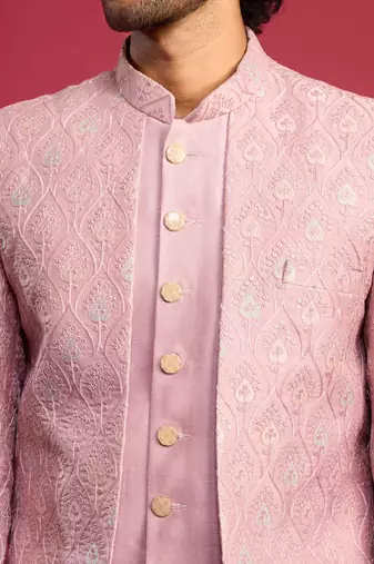 purple embroidered silk blend indo-western with cream pant style pyjama | wedding party wear