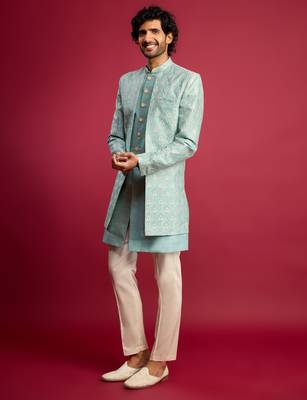 mint green embroidered silk blend indo-western with cream pant style pyjama | wedding party wear 3