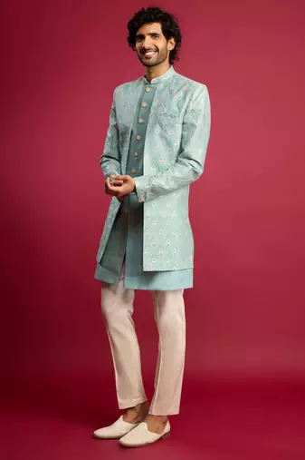 mint green embroidered silk blend indo-western with cream pant style pyjama | wedding party wear