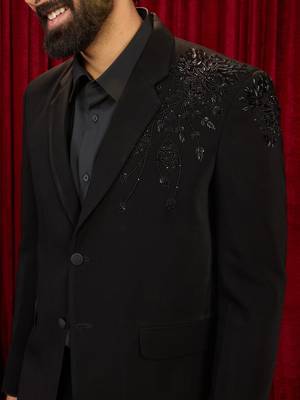black cutdana bead work floral ethnic notch collar wedding blazer | lachka mink suiting | satin lining 2