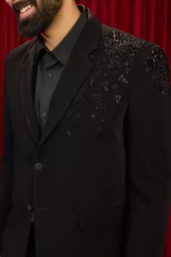 black cutdana bead work floral ethnic notch collar wedding blazer | lachka mink suiting | satin lining