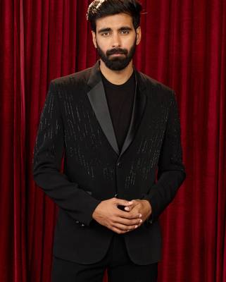 black cutdana work geometric notch collar wedding blazer | lachka mink suiting | satin lining 3