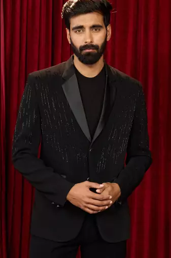 black cutdana work geometric notch collar wedding blazer | lachka mink suiting | satin lining