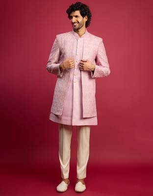 purple embroidered silk blend indo-western with cream pant style pyjama | wedding party wear 3