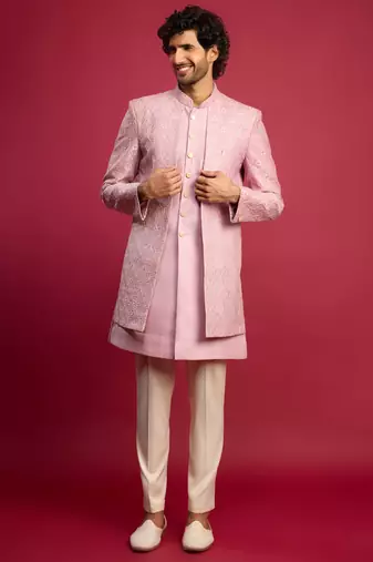 purple embroidered silk blend indo-western with cream pant style pyjama | wedding party wear