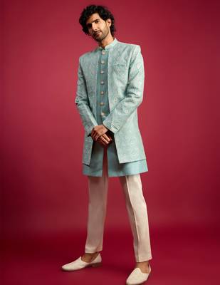 mint green embroidered silk blend indo-western with cream pant style pyjama | wedding party wear 4