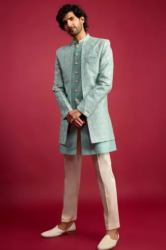 mint green embroidered silk blend indo-western with cream pant style pyjama | wedding party wear