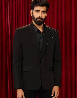 black cutdana bead work floral ethnic notch collar wedding blazer | lachka mink suiting | satin lining 3