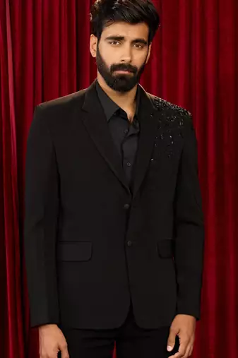 black cutdana bead work floral ethnic notch collar wedding blazer | lachka mink suiting | satin lining