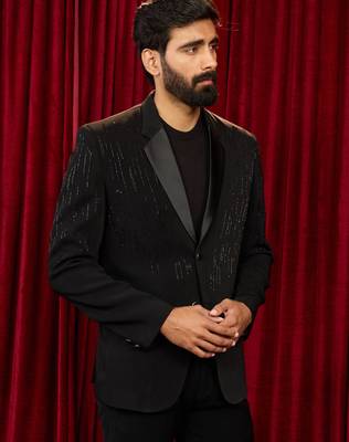 black cutdana work geometric notch collar wedding blazer | lachka mink suiting | satin lining 4