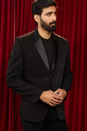 black cutdana work geometric notch collar wedding blazer | lachka mink suiting | satin lining