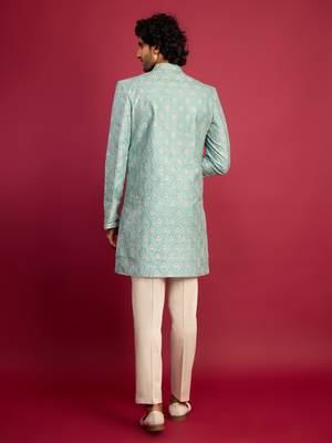 mint green embroidered silk blend indo-western with cream pant style pyjama | wedding party wear 5