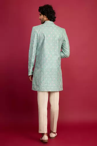 mint green embroidered silk blend indo-western with cream pant style pyjama | wedding party wear