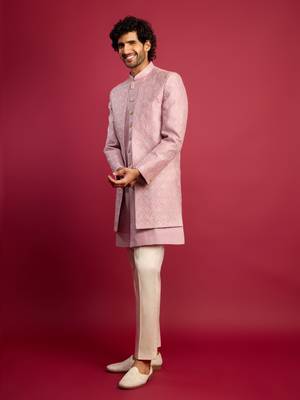 purple embroidered silk blend indo-western with cream pant style pyjama | wedding party wear 4