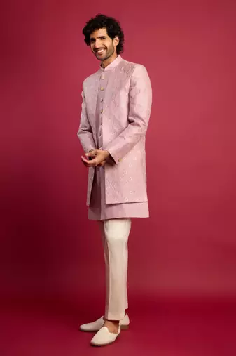 purple embroidered silk blend indo-western with cream pant style pyjama | wedding party wear