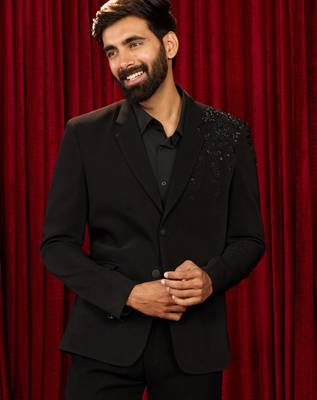 black cutdana bead work floral ethnic notch collar wedding blazer | lachka mink suiting | satin lining 4