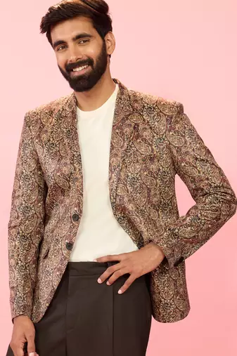 multicolour velvet patch paisley digital print notch collar wedding blazer | all-over print | satin lining