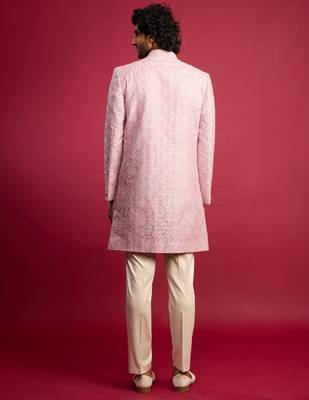 purple embroidered silk blend indo-western with cream pant style pyjama | wedding party wear 5