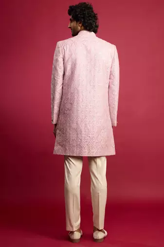 purple embroidered silk blend indo-western with cream pant style pyjama | wedding party wear