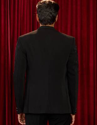 black cutdana work geometric notch collar wedding blazer | lachka mink suiting | satin lining 5