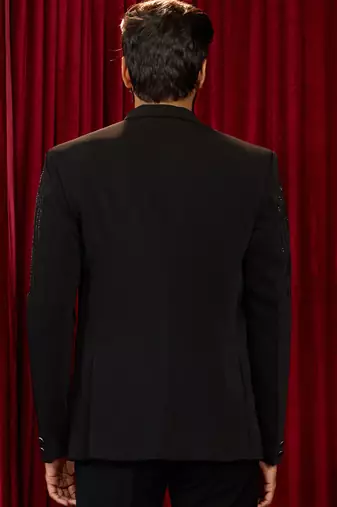 black cutdana work geometric notch collar wedding blazer | lachka mink suiting | satin lining