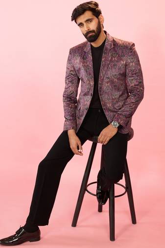 purple velvet paisley digital print blazer & black straight pant co-ord set | all-over print | satin lining